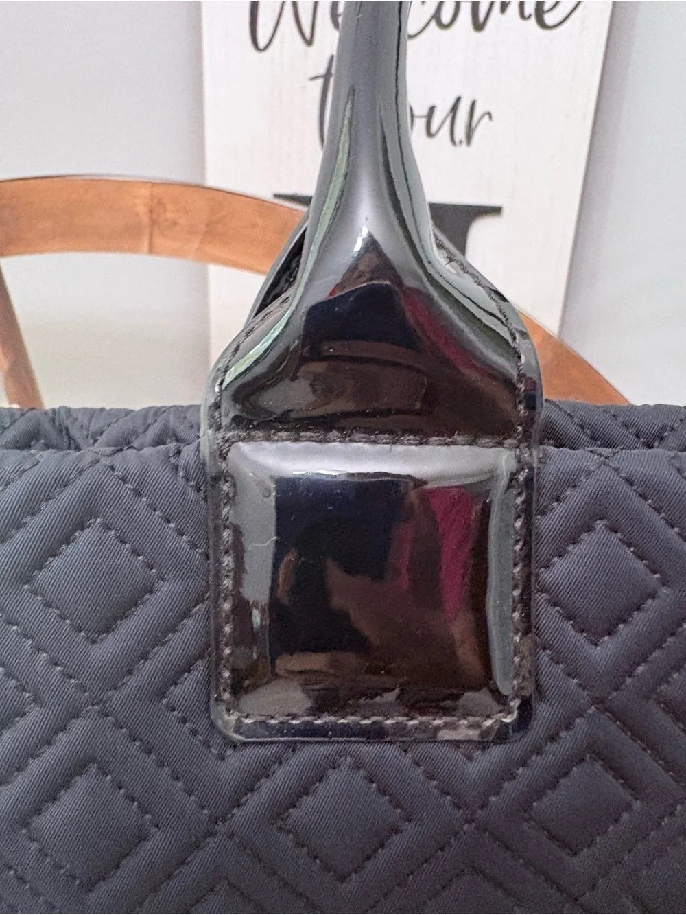 TORY BURCH Black Quilted Satchel Tote with side buttons